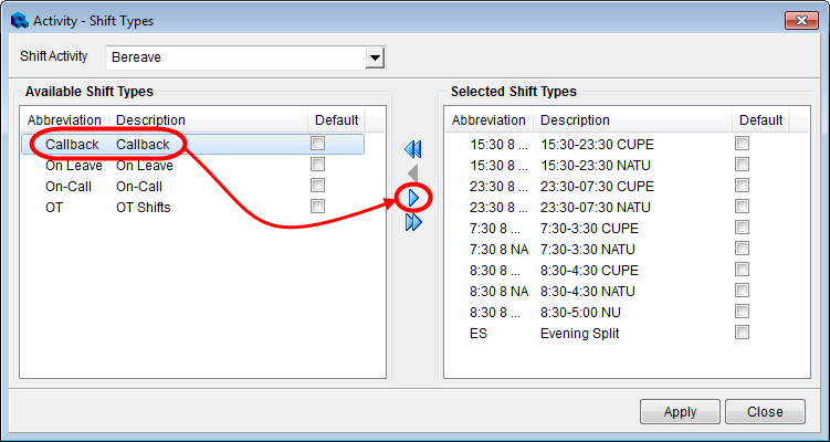 activity shift types dialog